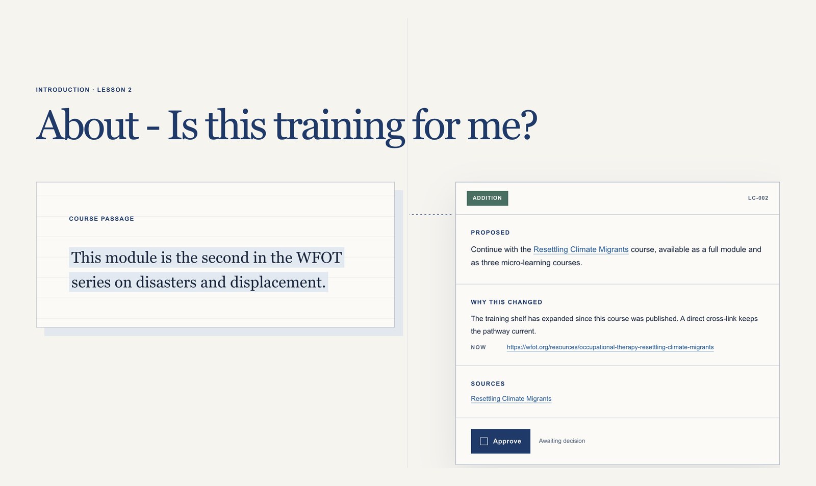 Living Courses worked example showing a proposed update to a lesson in the WFOT course, waiting for human approval